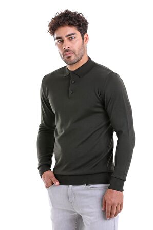 Erkek Haki Regular Fit Yünlü Desenli Polo Yaka Triko Kazak | S