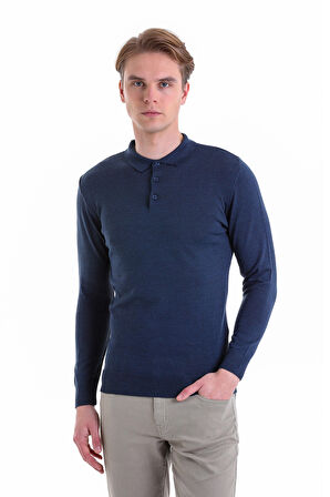 İndigo Regular Fit Düz Polo Yaka Yün Triko Kazak | M