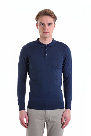 İndigo Regular Fit Düz Polo Yaka Yün Triko Kazak | M
