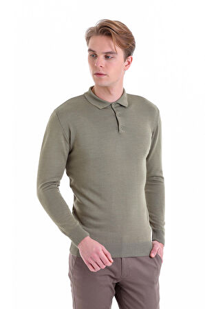 Yeşil Regular Fit Düz Polo Yaka Yün Triko Kazak | M