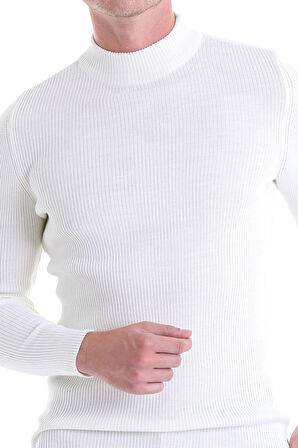 Ekru Regular Fit Düz Balıkçı Yaka Klasik Yün Triko Kazak | S