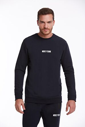 Lacivert Regular Fit Pamuklu Bisiklet Yaka Sweatshirt | XXL