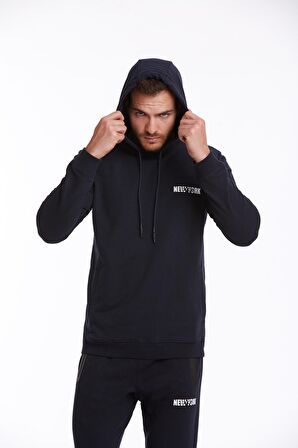 Lacivert Regular Fit Pamuklu Kapüşonlu Sweatshirt | XL