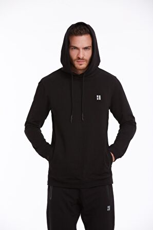 Siyah Regular Fit Pamuklu Kapüşonlu Sweatshirt | XXL