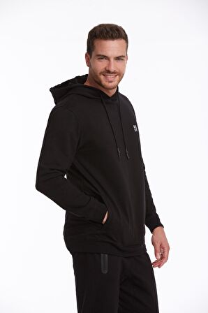 Siyah Regular Fit Pamuklu Kapüşonlu Sweatshirt | XXL