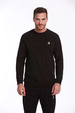 Siyah Regular Fit Pamuklu Bisiklet Yaka Sweatshirt | L