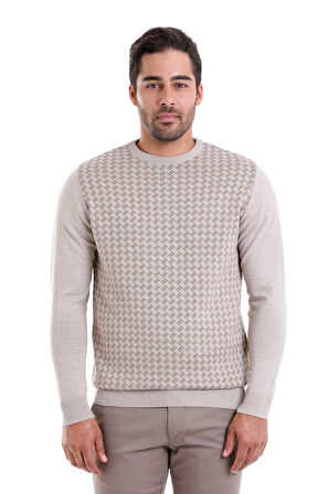 Bej Regular Fit Yünlü Desenli Bisiklet Yaka Triko Kazak | 3XL