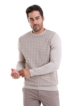 Bej Regular Fit Yünlü Desenli Bisiklet Yaka Triko Kazak | 3XL