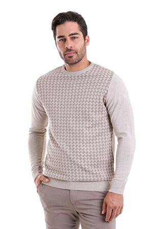 Bej Regular Fit Yünlü Desenli Bisiklet Yaka Triko Kazak | 3XL