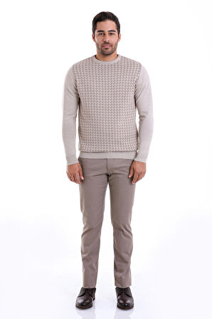 Bej Regular Fit Yünlü Desenli Bisiklet Yaka Triko Kazak | 3XL