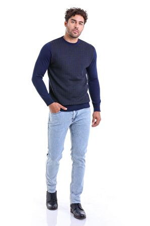 Erkek Lacivert Regular Fit Yünlü Desenli Bisiklet Yaka Triko Kazak | S