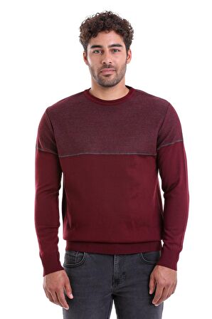 Erkek Bordo Regular Fit Yünlü Desenli Bisiklet Yaka Triko Kazak | M