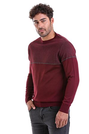 Erkek Bordo Regular Fit Yünlü Desenli Bisiklet Yaka Triko Kazak | M