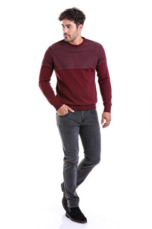 Erkek Bordo Regular Fit Yünlü Desenli Bisiklet Yaka Triko Kazak | M