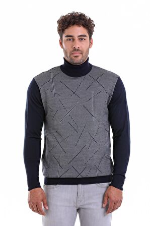 Erkek Lacivert Regular Fit Yünlü Desenli Balıkçı Yaka Triko Kazak | L