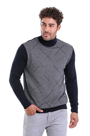 Erkek Lacivert Regular Fit Yünlü Desenli Balıkçı Yaka Triko Kazak | S