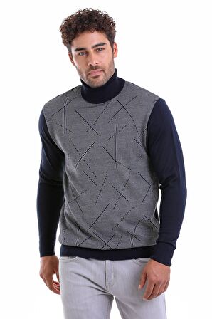 Erkek Lacivert Regular Fit Yünlü Desenli Balıkçı Yaka Triko Kazak | S