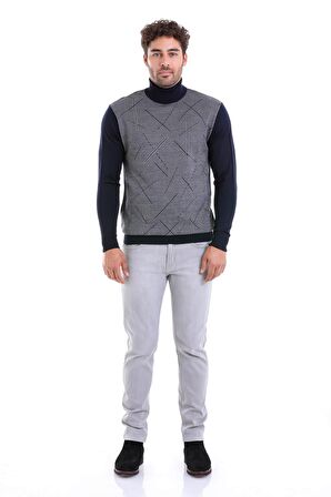 Erkek Lacivert Regular Fit Yünlü Desenli Balıkçı Yaka Triko Kazak | S