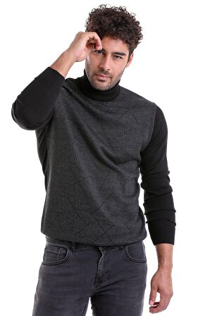 Erkek Siyah Regular Fit Yünlü Desenli Balıkçı Yaka Triko Kazak | M