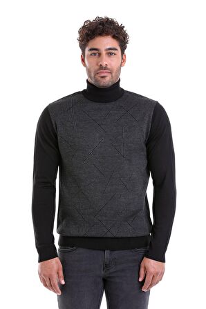 Erkek Siyah Regular Fit Yünlü Desenli Balıkçı Yaka Triko Kazak | S
