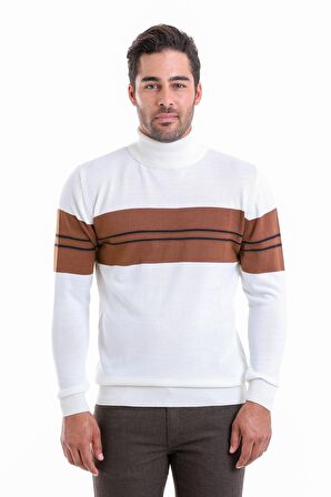 Erkek Beyaz Regular Fit Yünlü Desenli Balıkçı Yaka Triko Kazak | 3XL