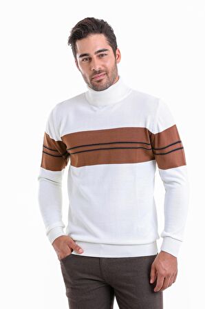 Erkek Beyaz Regular Fit Yünlü Desenli Balıkçı Yaka Triko Kazak | 3XL