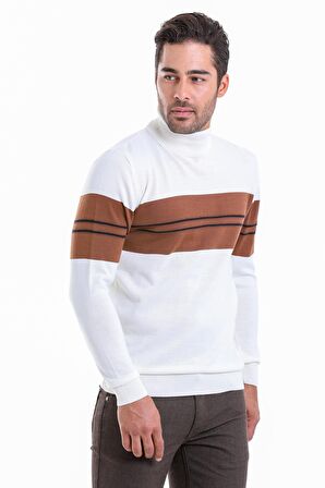 Erkek Beyaz Regular Fit Yünlü Desenli Balıkçı Yaka Triko Kazak | 3XL