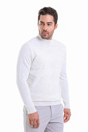 Beyaz Regular Fit Yünlü Desenli Yarım Balıkçı Yaka Triko Kazak | XL