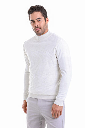 Beyaz Regular Fit Yünlü Desenli Yarım Balıkçı Yaka Triko Kazak | XL