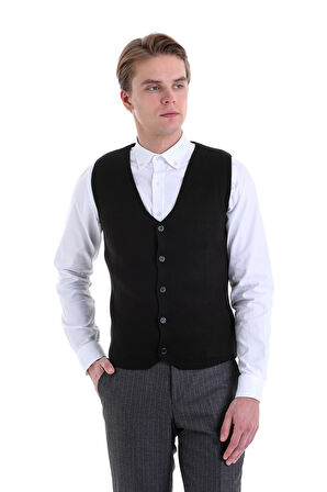 Regular Fit Düz Düğmeli Yaka Yün Triko Yelek