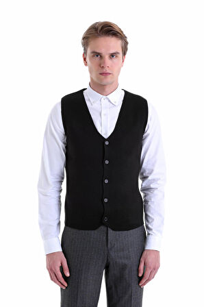 Regular Fit Düz Düğmeli Yaka Yün Triko Yelek