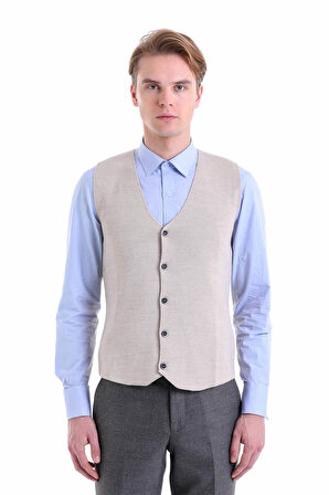 Bej Regular Fit Düz Yün Triko Yelek | S