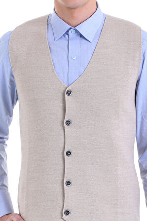 Bej Regular Fit Düz Yün Triko Yelek | S