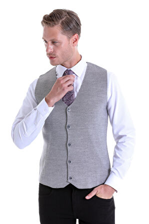 Gri Regular Fit Düz Klasik Düğmeli Yün Triko Yelek | S