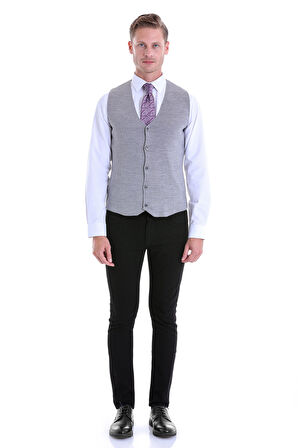 Gri Regular Fit Düz Klasik Düğmeli Yün Triko Yelek | S