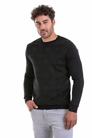 Erkek Siyah Regular Fit Yünlü Desenli Bisiklet Yaka Triko Kazak | L
