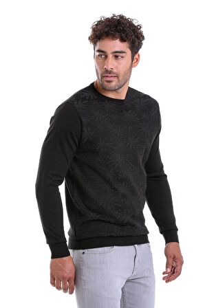 Erkek Siyah Regular Fit Yünlü Desenli Bisiklet Yaka Triko Kazak | L