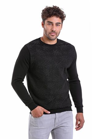 Erkek Siyah Regular Fit Yünlü Desenli Bisiklet Yaka Triko Kazak | L