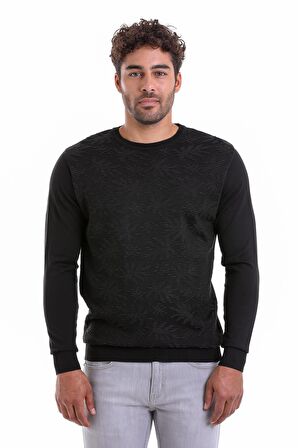 Erkek Siyah Regular Fit Yünlü Desenli Bisiklet Yaka Triko Kazak | M