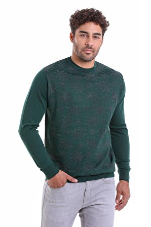 Erkek Yeşil Regular Fit Yünlü Desenli Bisiklet Yaka Triko Kazak | L