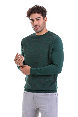 Erkek Yeşil Regular Fit Yünlü Desenli Bisiklet Yaka Triko Kazak | L