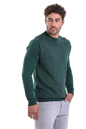 Erkek Yeşil Regular Fit Yünlü Desenli Bisiklet Yaka Triko Kazak | L
