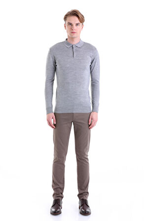Gri Regular Fit Düz Polo Yaka Yün Triko Kazak | 3XL