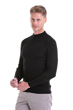 Siyah Regular Fit Düz Balıkçı Yaka Klasik Yün Triko Kazak | 3XL