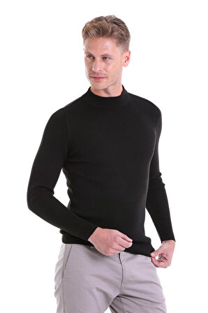 Siyah Regular Fit Düz Balıkçı Yaka Klasik Yün Triko Kazak | 3XL