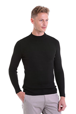 Siyah Regular Fit Düz Balıkçı Yaka Klasik Yün Triko Kazak | 3XL