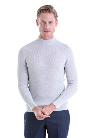 Gri Regular Fit Düz Balıkçı Yaka Klasik Yün Triko Kazak | 3XL