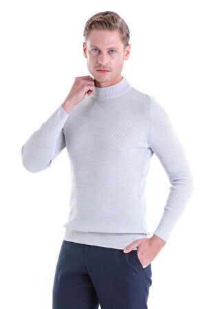 Gri Regular Fit Düz Balıkçı Yaka Klasik Yün Triko Kazak | 3XL