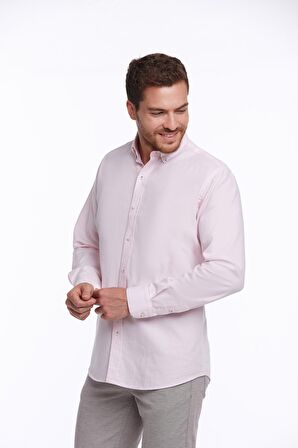 Pembe Comfort Fit %100 Pamuk Uzun Kollu Basic Gömlek | M