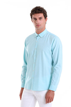 Su Yeşili Comfort Fit Düz 100% Pamuk Slim Yaka Uzun Kollu Casual Oxford Gömlek